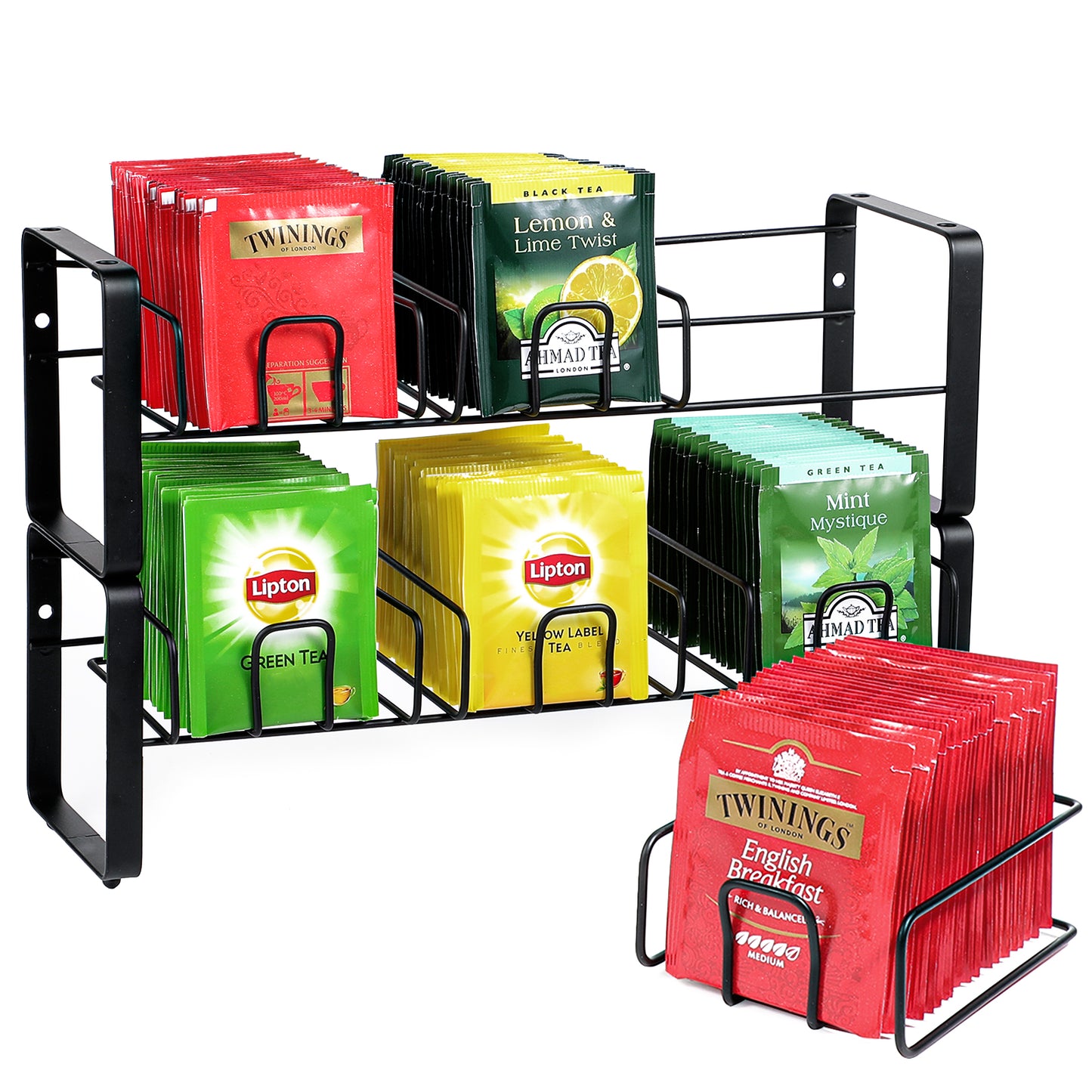 Koluti Stackable Stand and Wall Mounted Tea Bag Organizer with Removable Tray Basket