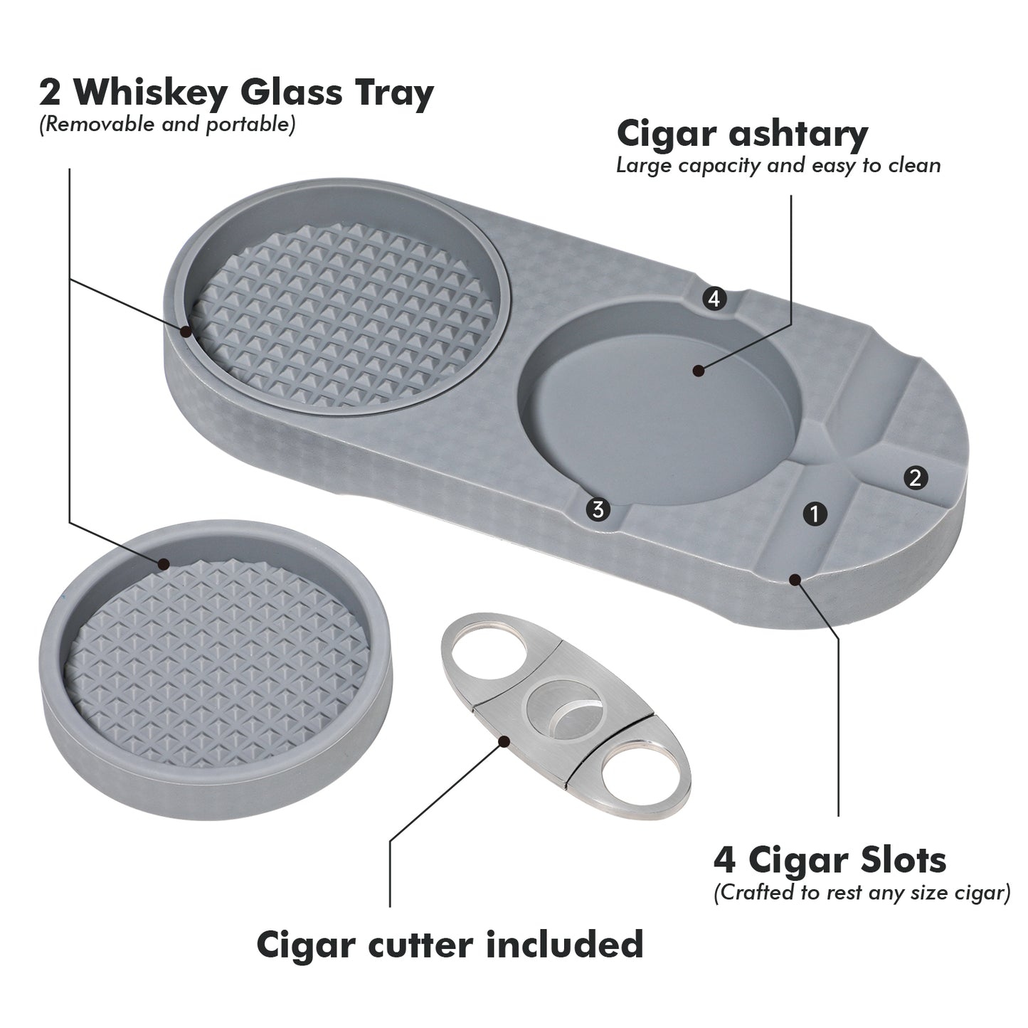 Koluti 2-Layer Whiskey Glass Coaster and Cigar Ashtray with Cutter (Gray)