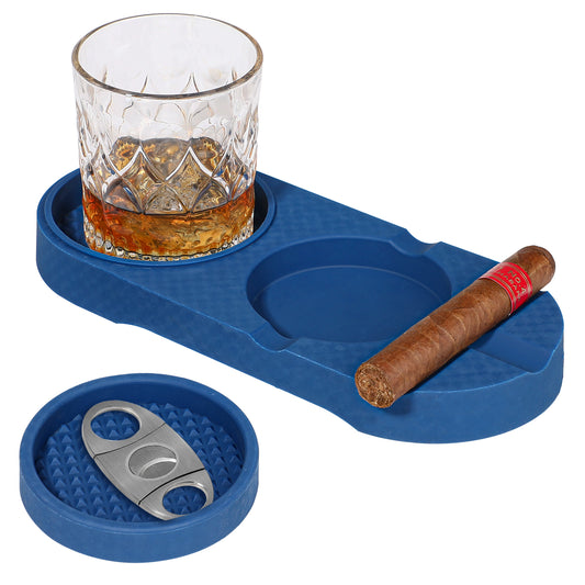 Koluti Silicone 2-Tier Whiskey Glass Coaster and Cigar Ashtray with Cutter (Navy Blue)