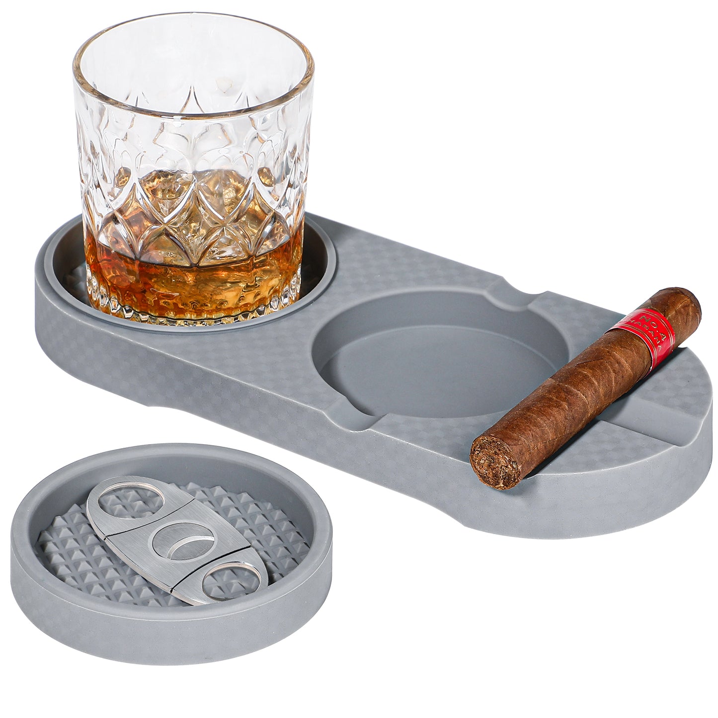 Koluti Silicone 2-Tier Whiskey Glass Coaster and Cigar Ashtray with Cutter (Navy Blue)