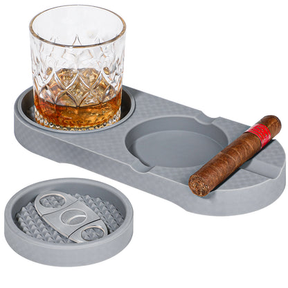 Koluti 2-Layer Whiskey Glass Coaster and Cigar Ashtray with Cutter (Gray)