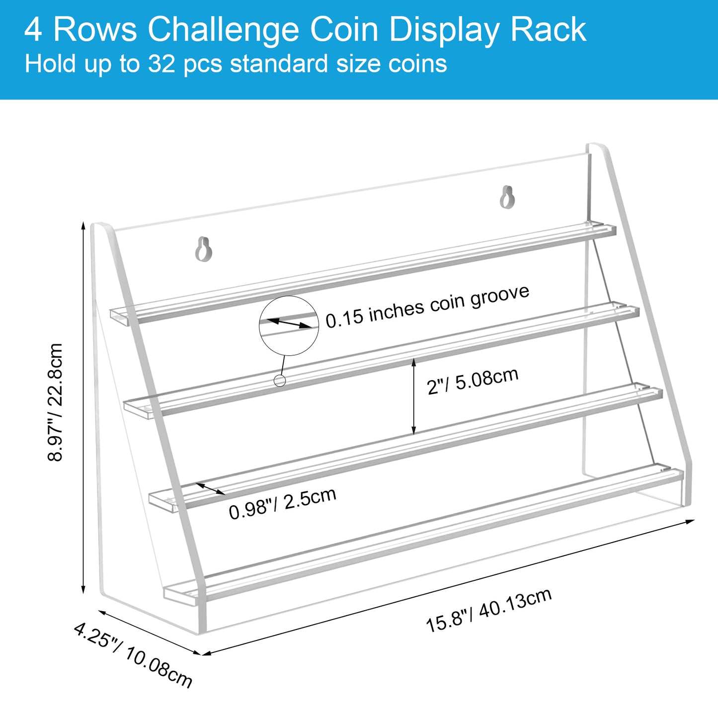 Koluti 4 Rows Acrylic Wall-Mount Challenge Coin Holder Display Stand