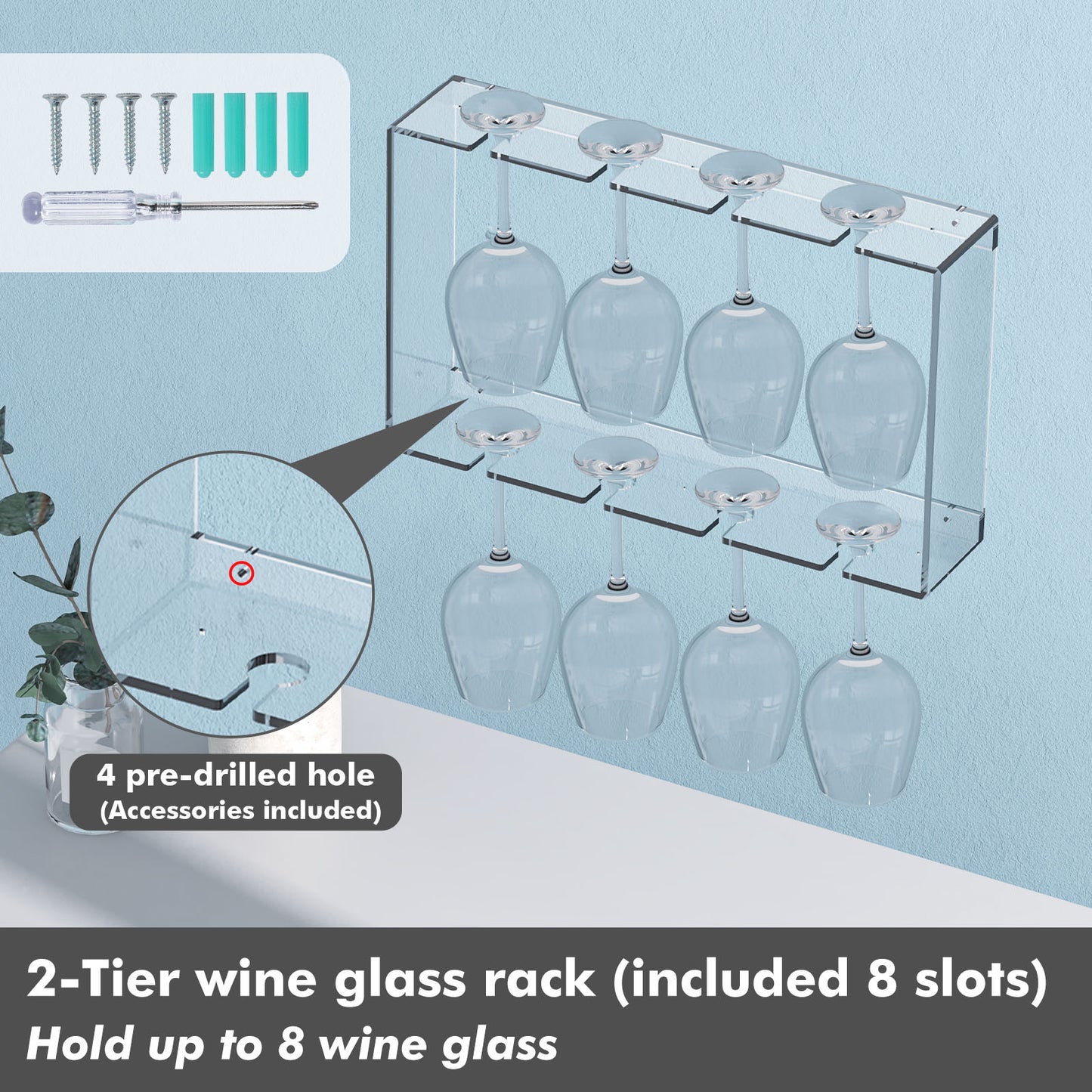 Koluti 2-Tier 8 Glassware Acrylic Wall Mounted Wine Glass Rack