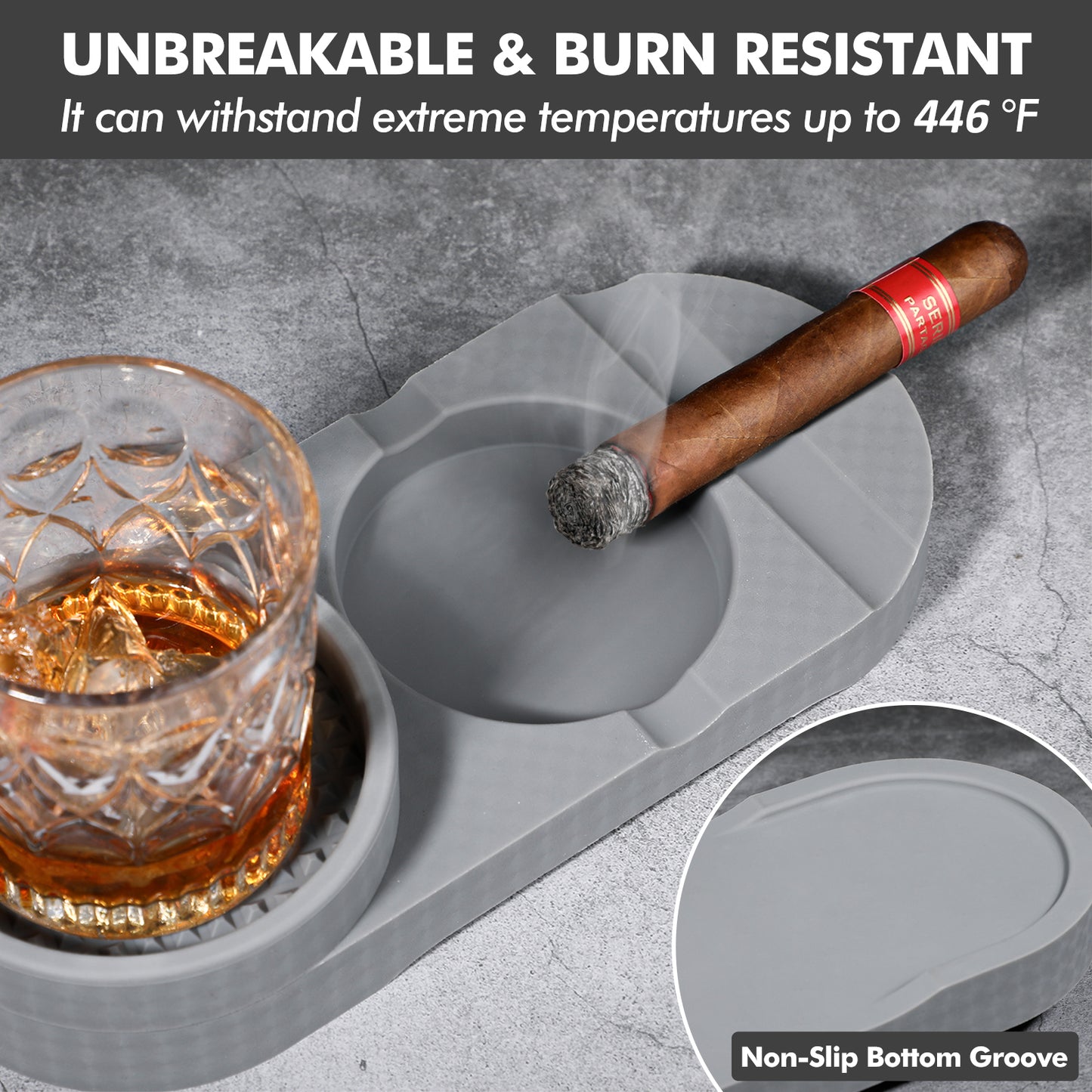 Koluti 2-Layer Whiskey Glass Coaster and Cigar Ashtray with Cutter (Gray)