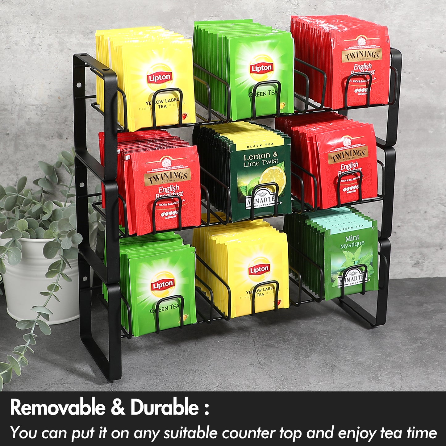 Koluti Stackable Stand and Wall Mounted Tea Bag Organizer with Removable Tray Basket