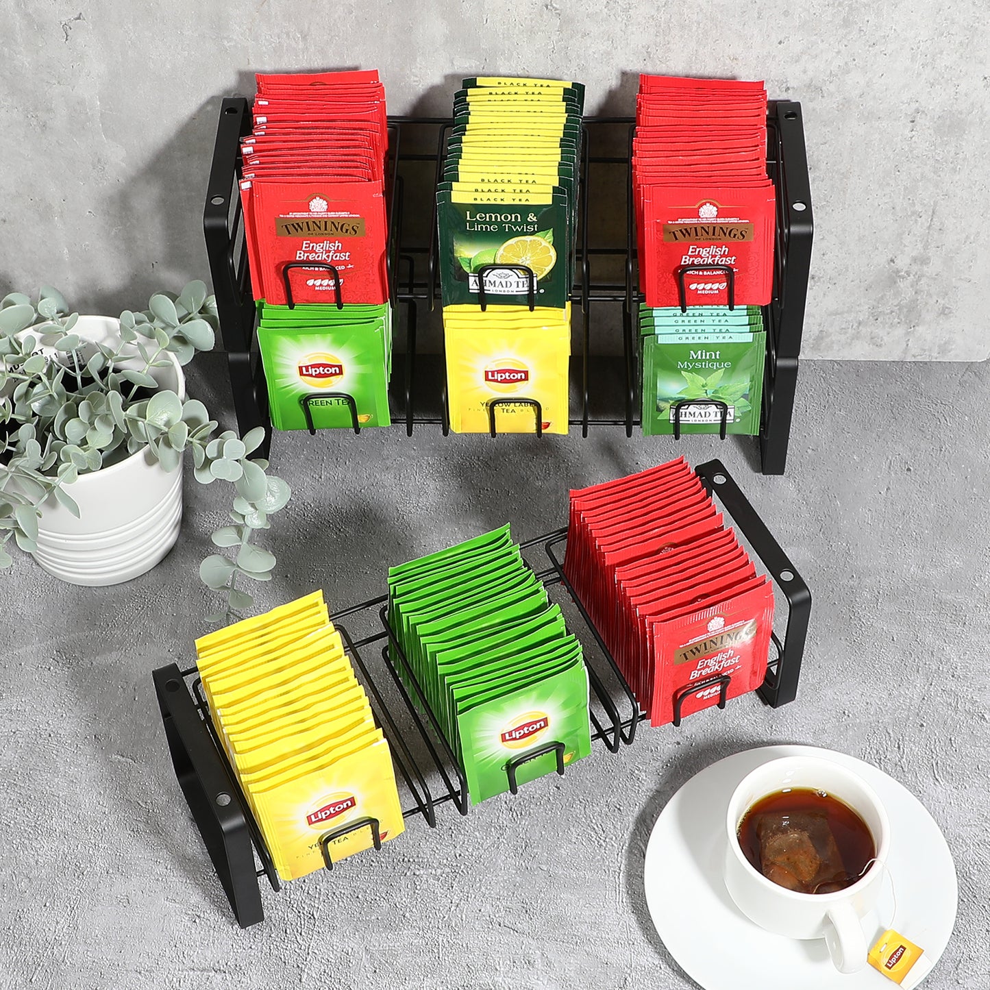 Koluti Stackable Stand and Wall Mounted Tea Bag Organizer with Removable Tray Basket