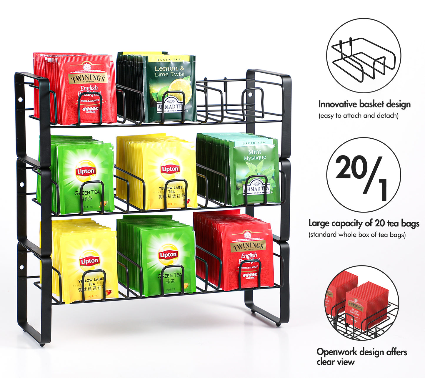 Koluti Stackable Stand and Wall Mounted Tea Bag Organizer with Removable Tray Basket