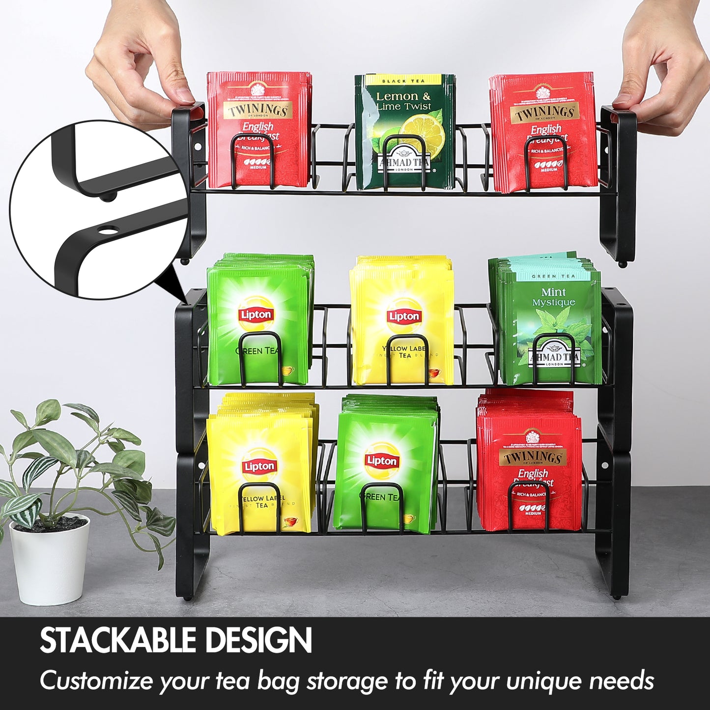 Koluti Stackable Stand and Wall Mounted Tea Bag Organizer with Removable Tray Basket