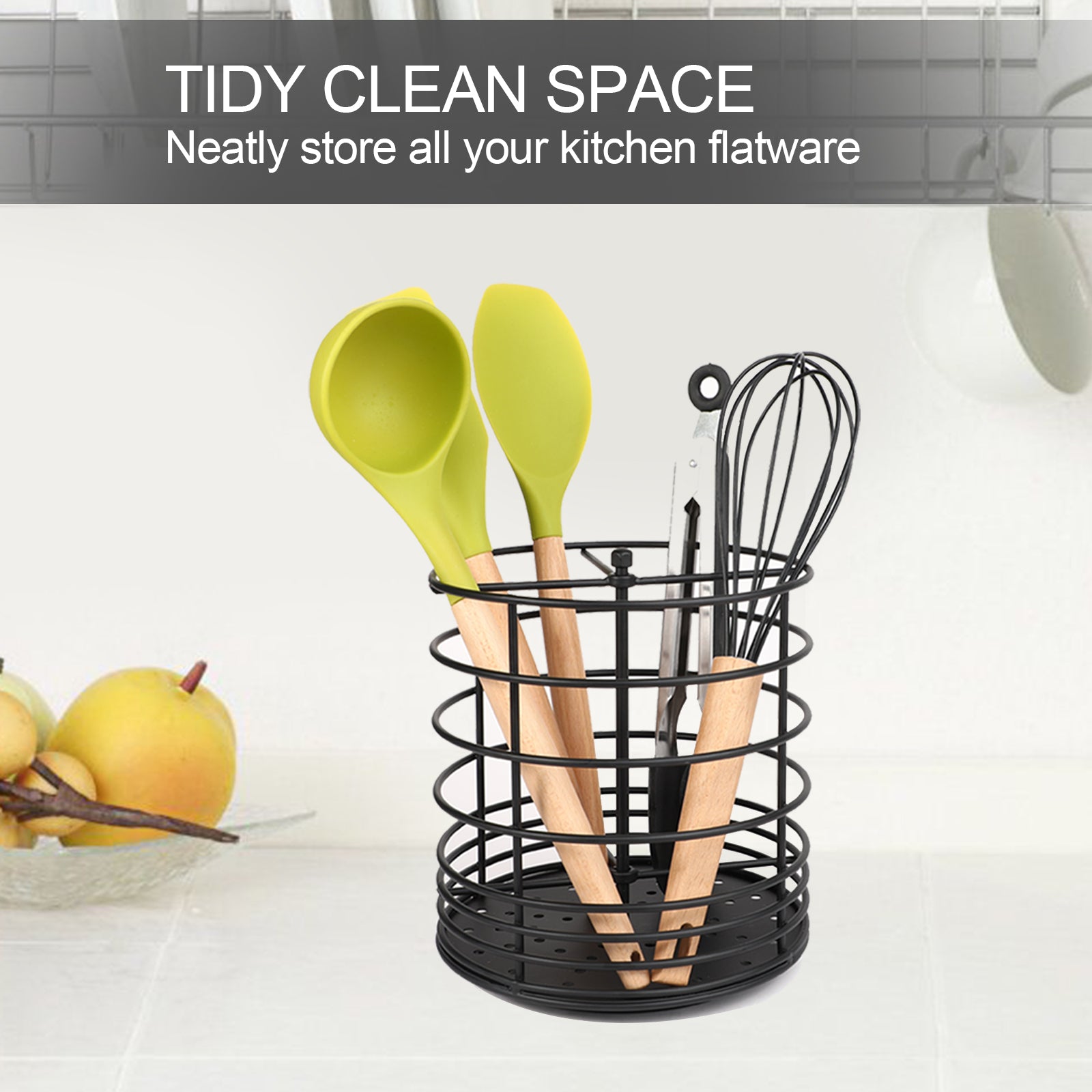 Plastic Kitchen Utensils Holder with Metal Frame Countertop Wall Mounted  Cutlery Storage Rack with Drain Tray Silverware Caddy
