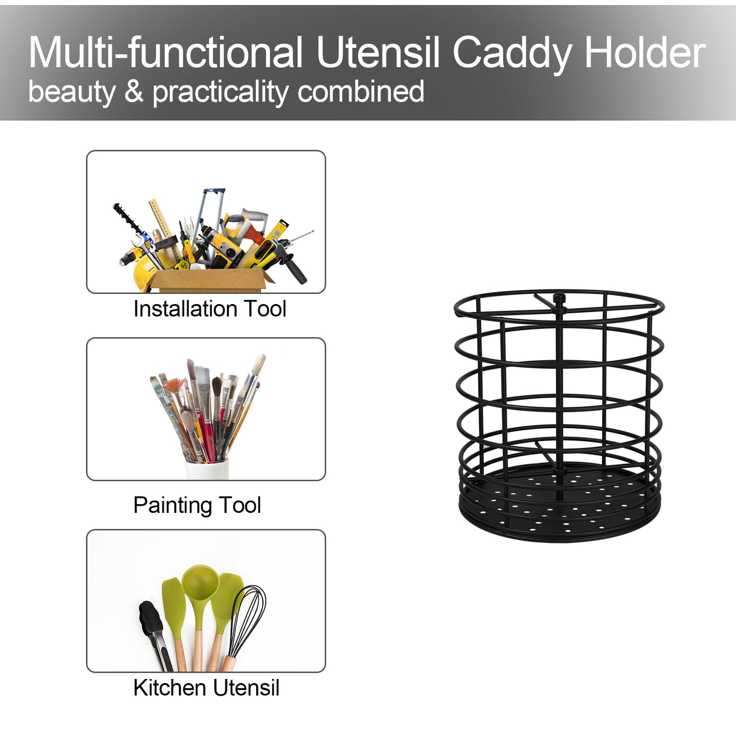 Koluti 360° Rotating Black Kitchen Utensil Holder (7.19" x 7")